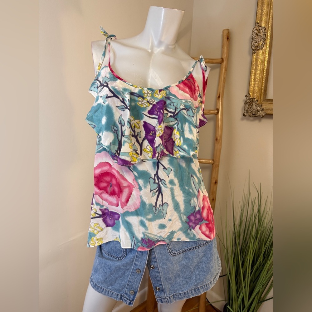 AKA New York Vintage Y2K Silk Tie Strap Ruffle Sleeveless Floral Top Size